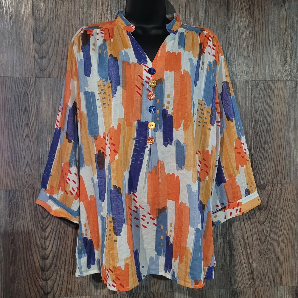 Ethyl Lightweight Artsy Blouse Size L Colorful Abstract Buttons V-Neck 3/4 Slv